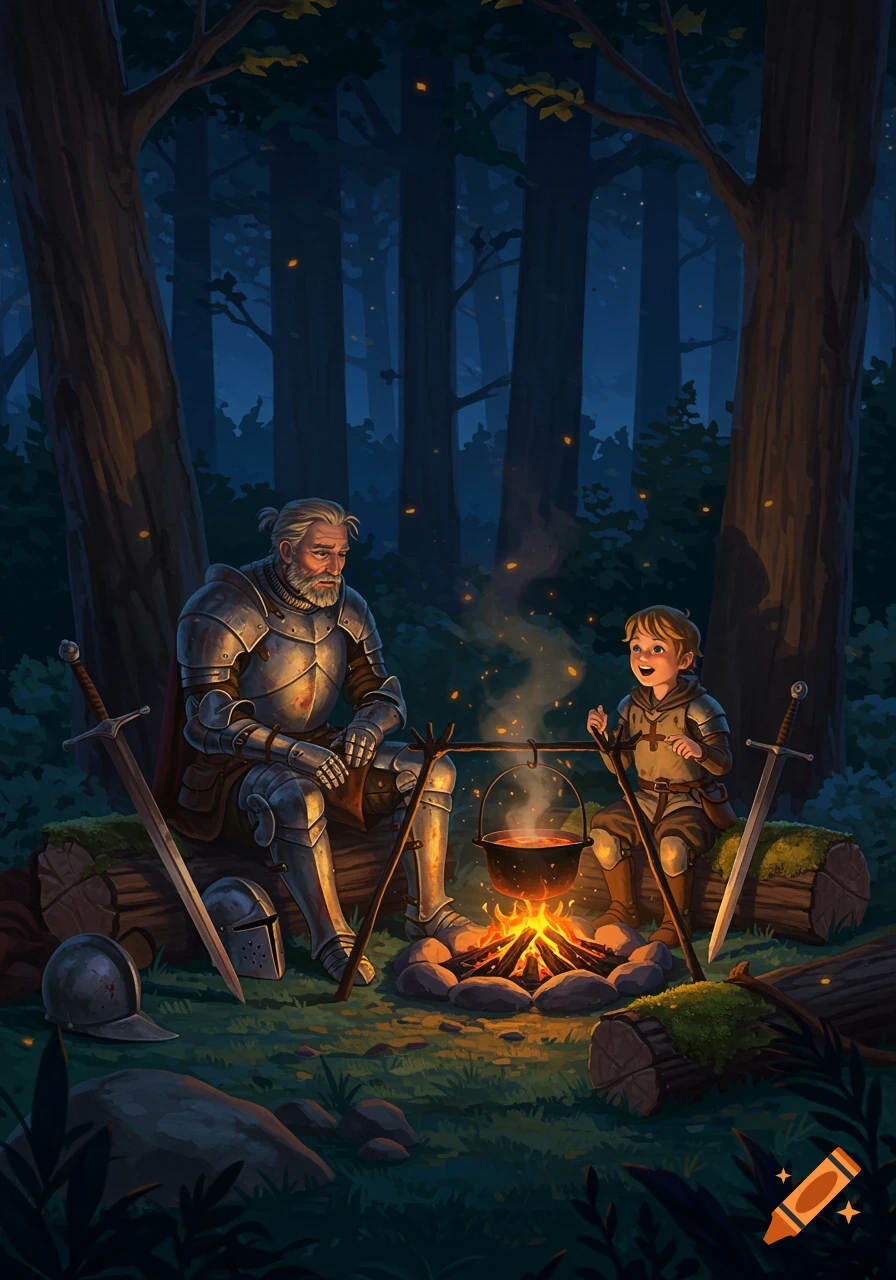 A seasoned knight and young squire in armor sit by a glowing campfire in a moonlit forest. The squire talks enthusiastically.