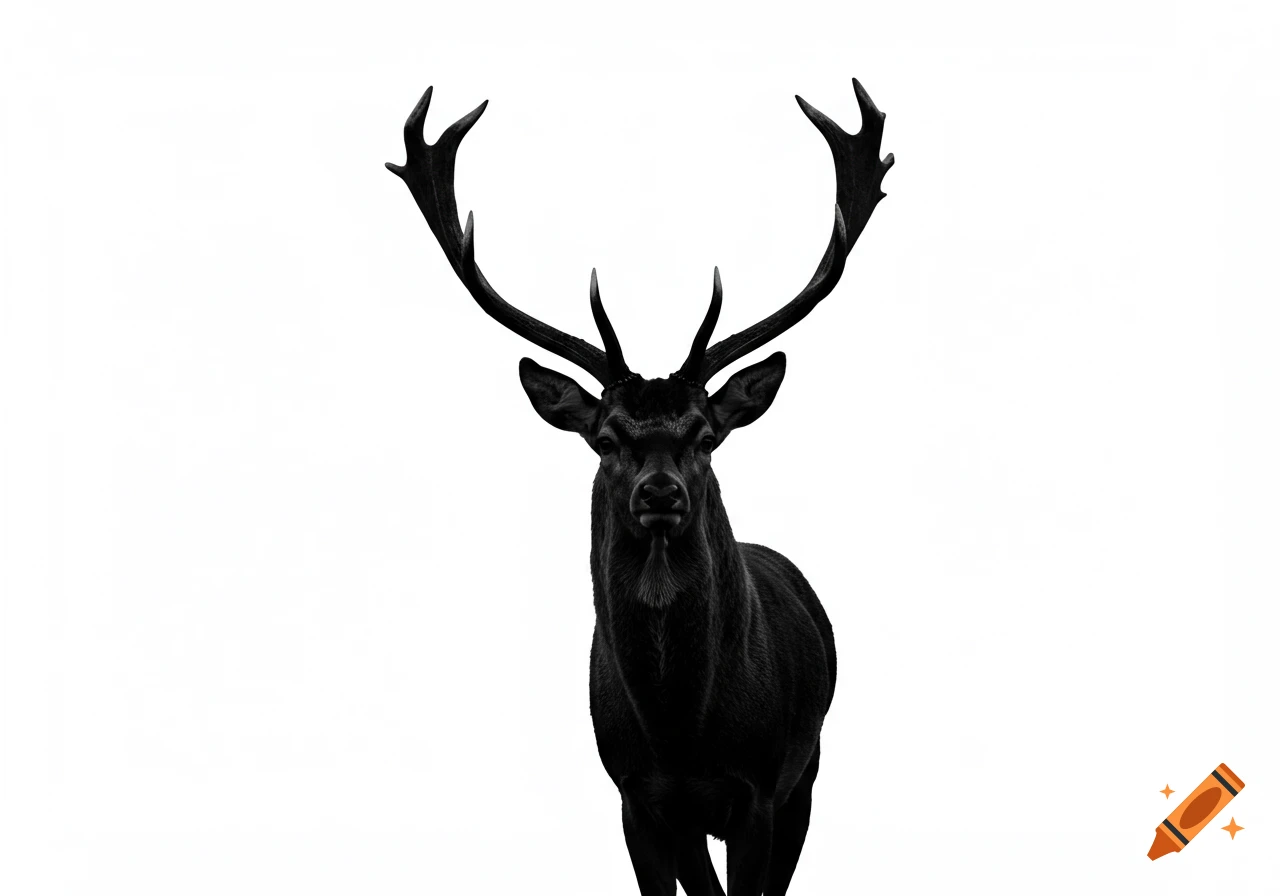 A black silhouette of a hart deer with large antlers, facing forward on a white background.