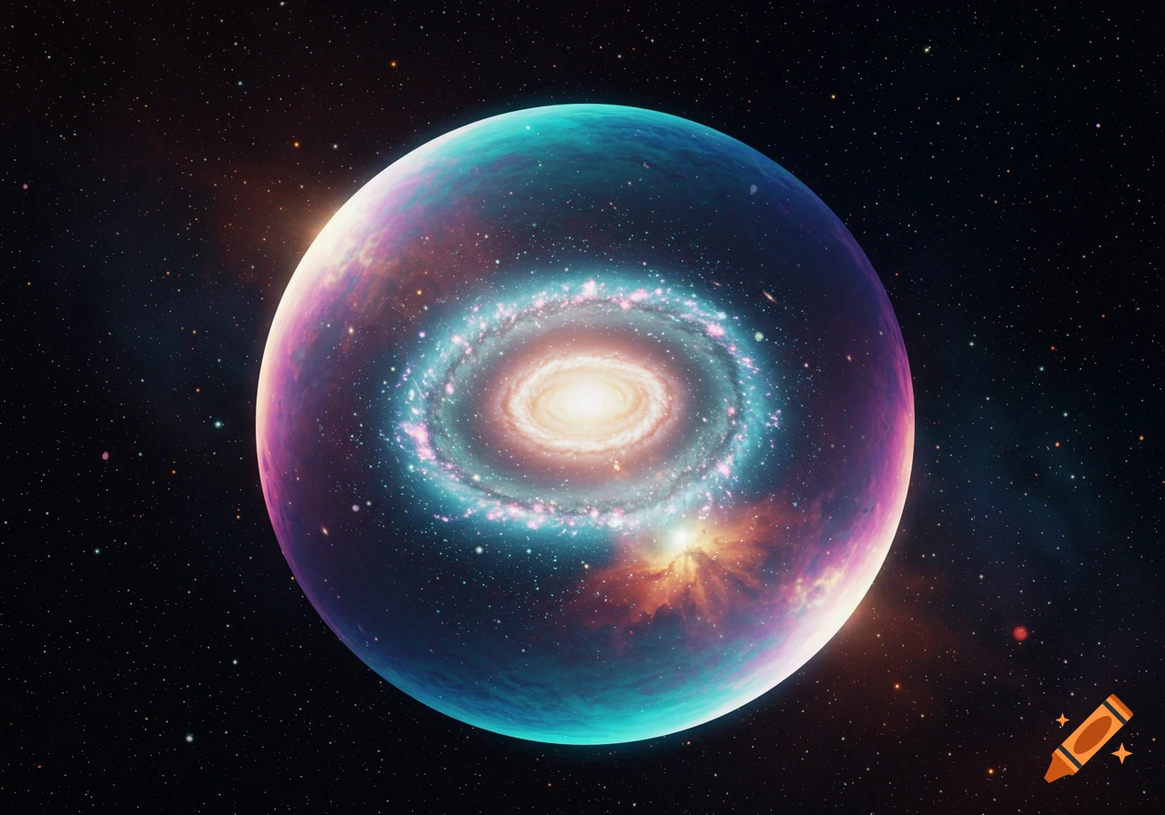 A vibrant spiral galaxy swirling inside a large, glowing, colorful spherical celestial body in dark space.