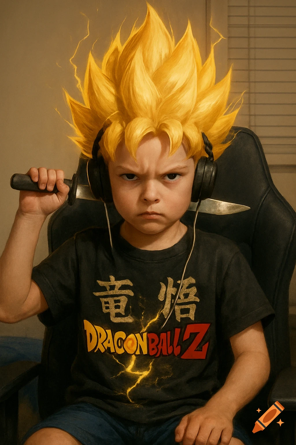A serious boy with bright yellow Super Saiyan hair and headphones holds a knife behind his head, wearing a Dragon Ball Z shirt.