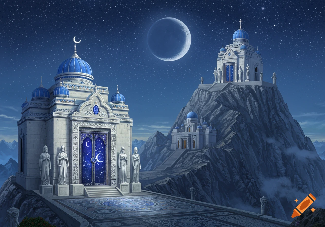 Fantasy temples with blue domes and moon motifs stand on mountain peaks under a starry night sky with a crescent moon.