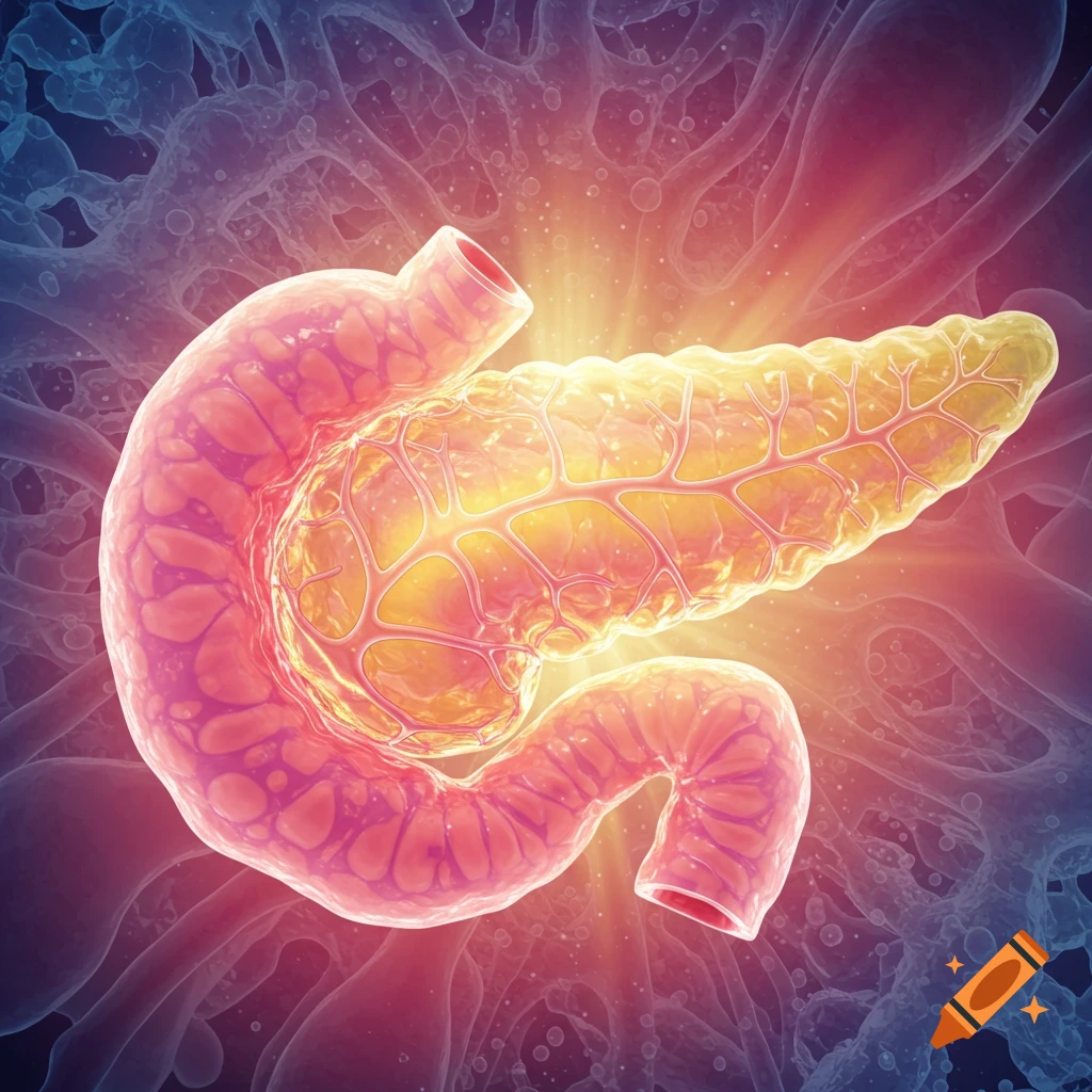 A glowing, stylized illustration of a human pancreas with a background of organic structures, rendered in warm tones.
