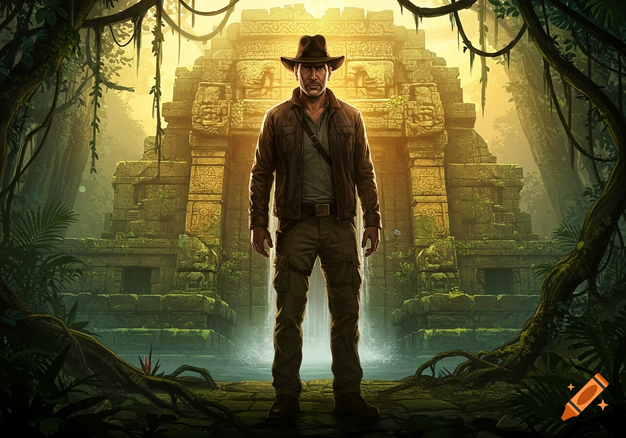 A rugged adventurer in a fedora and leather jacket stands before a moss-covered ancient temple in a lush jungle.