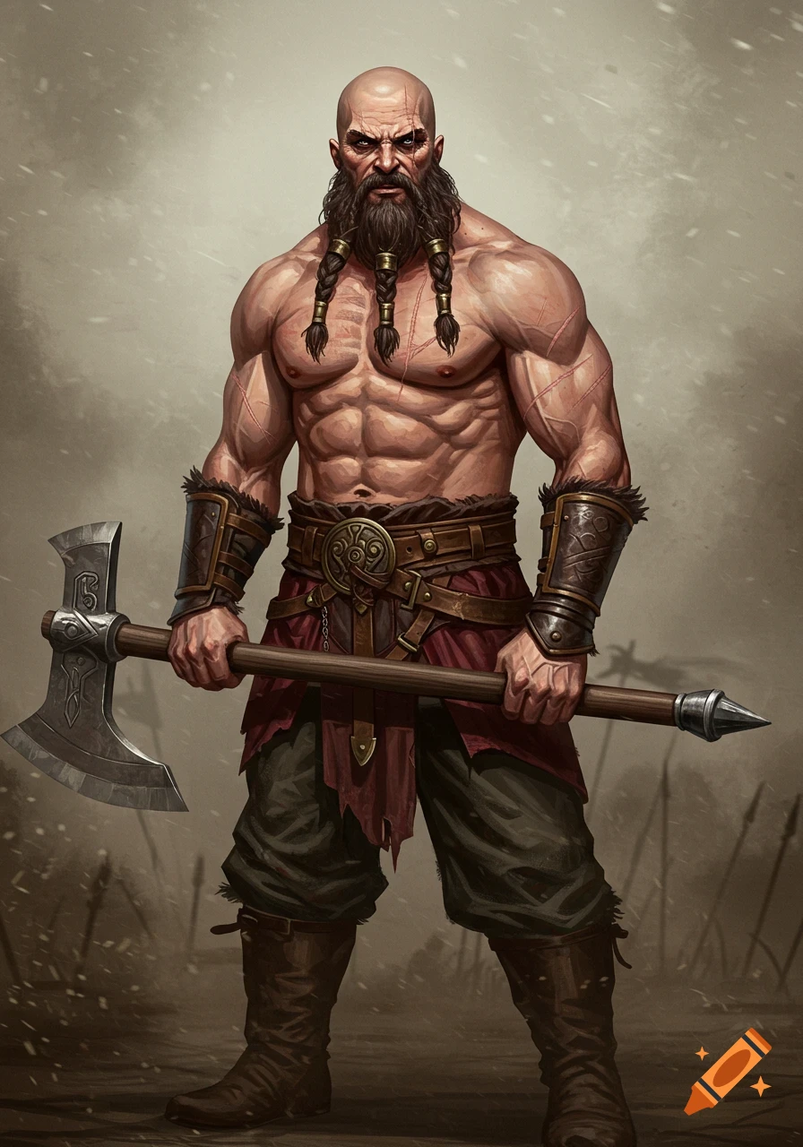 A bald, muscular man with a long braided beard, scars, and a stern expression holds a large battle axe.