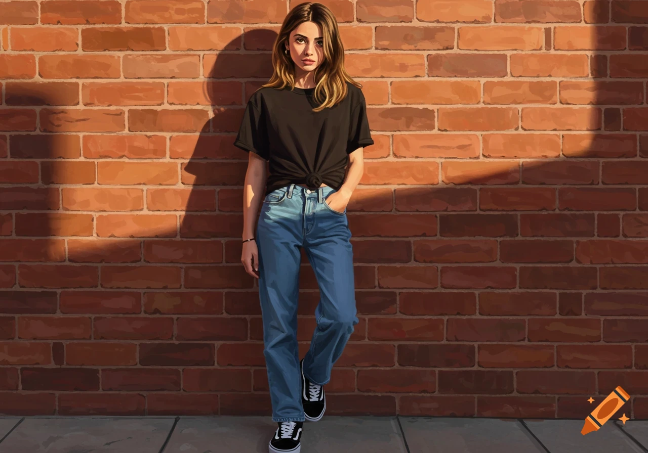 A woman in a black t-shirt, blue jeans, and Vans sneakers leans against a brick wall, rendered in a digital painting style.