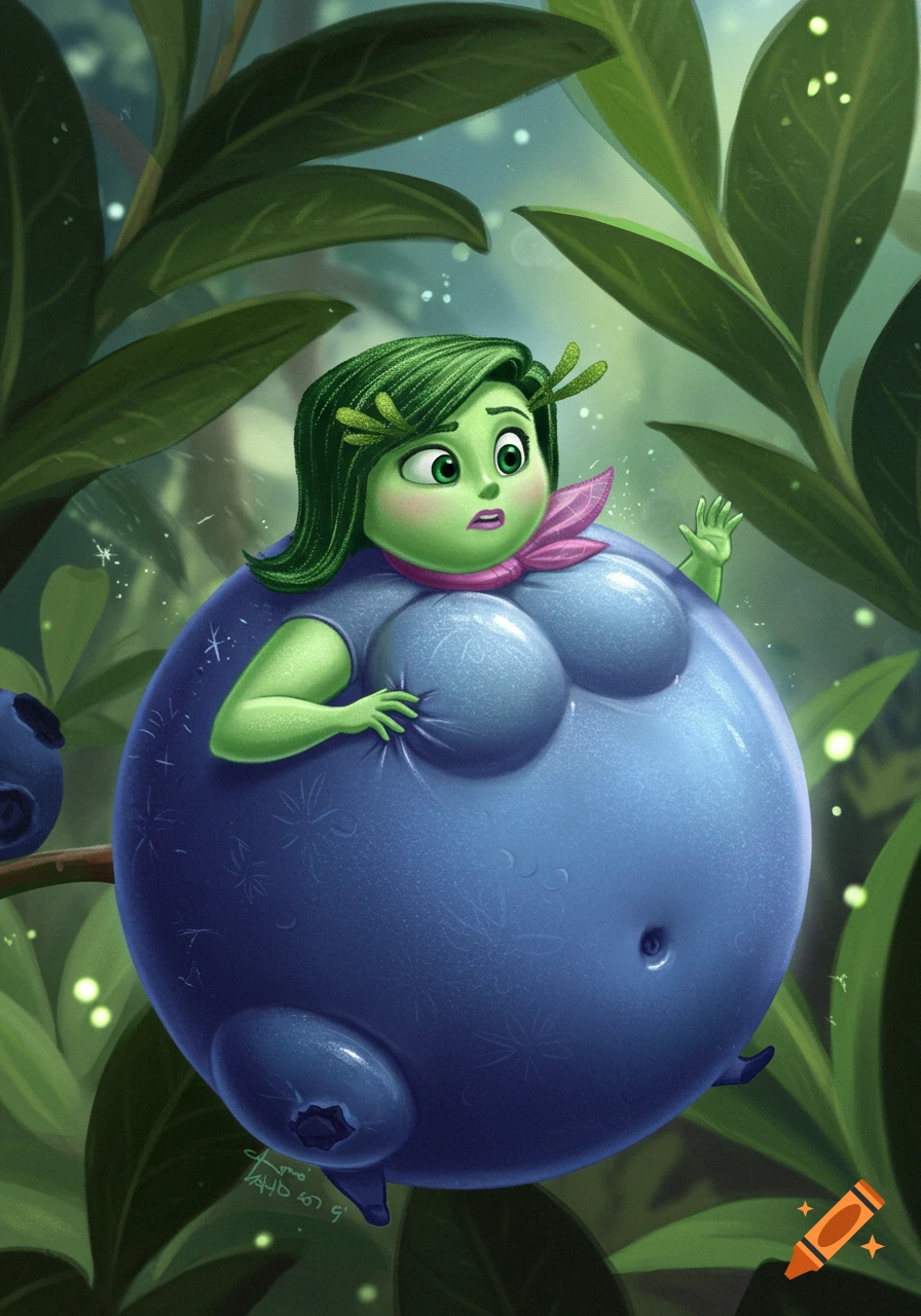 Disgust from Inside Out as an inflated blueberry, floating in a lush green forest, in a vibrant cartoon style.