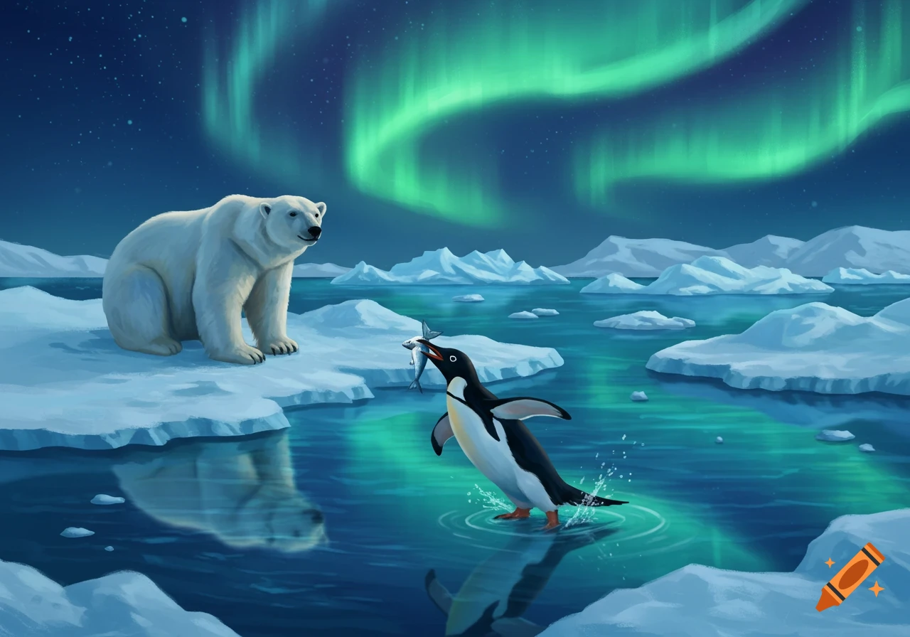 An illustration of a polar bear on an ice floe watching a penguin emerge from icy water with a fish, under a vibrant aurora borealis.