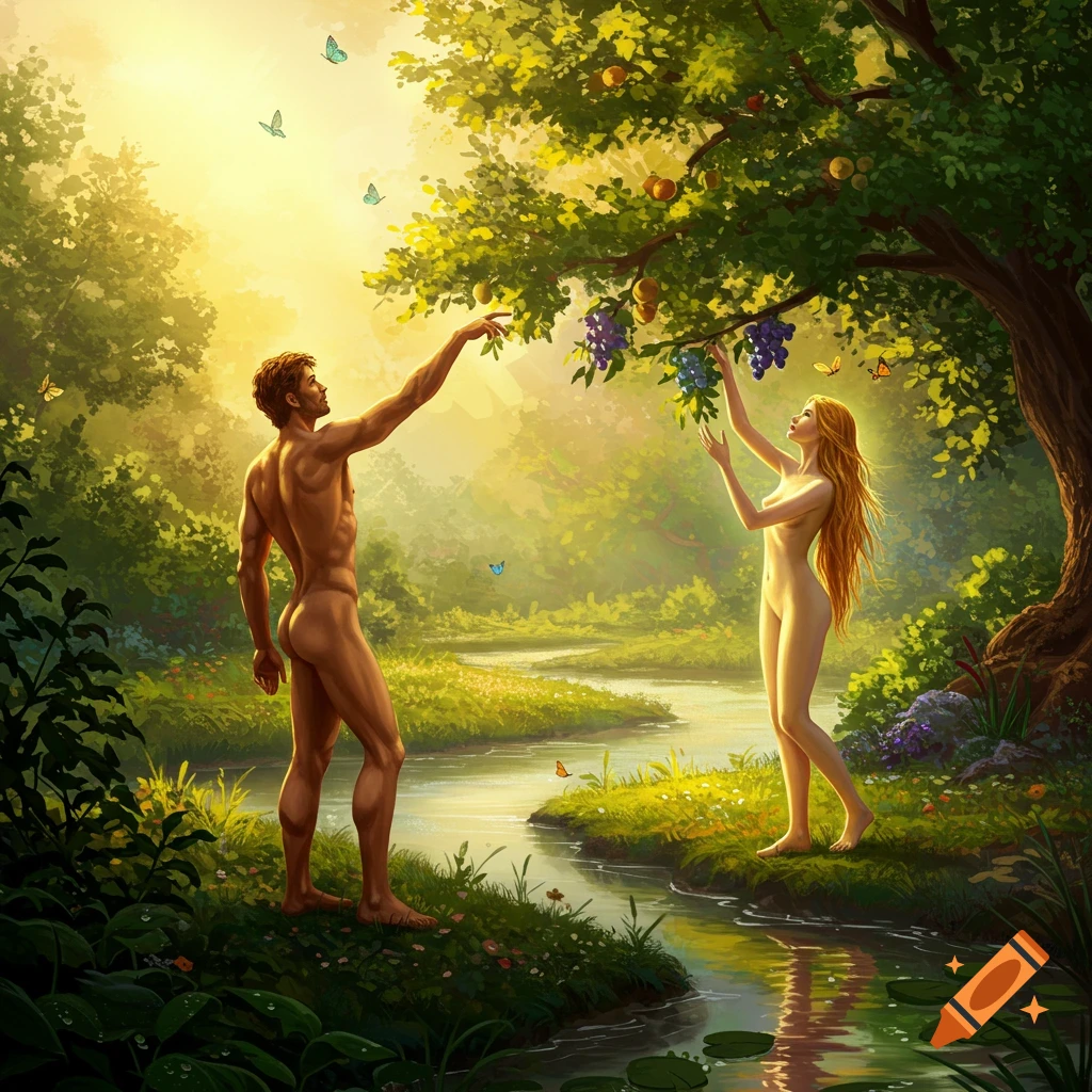 Adam and Eve reach for fruit in a vibrant, sunlit Garden of Eden, with a river flowing through lush greenery.