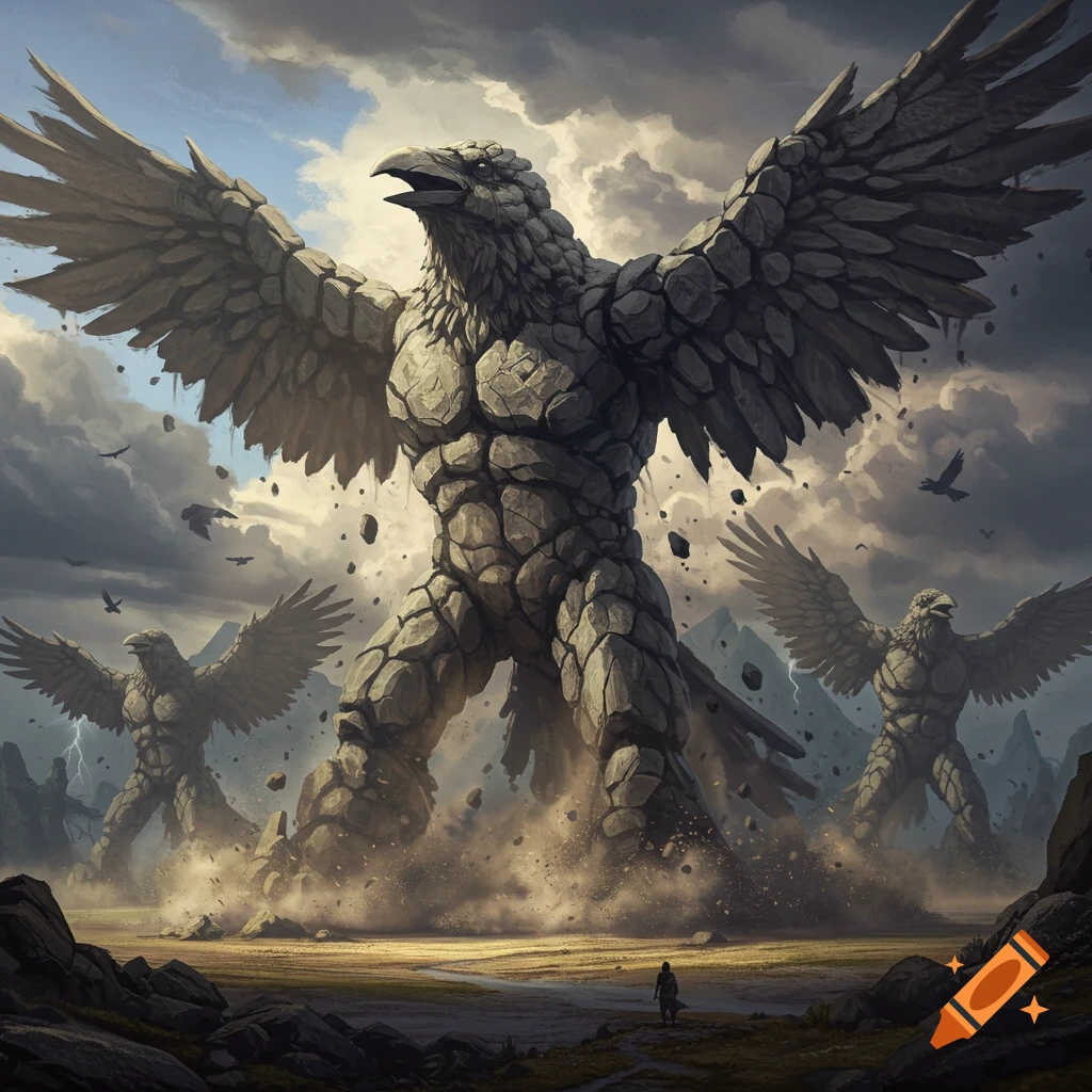 Three colossal rock-eagle creatures rise from a barren landscape under a dramatic cloudy sky, dwarfing a small human figure.
