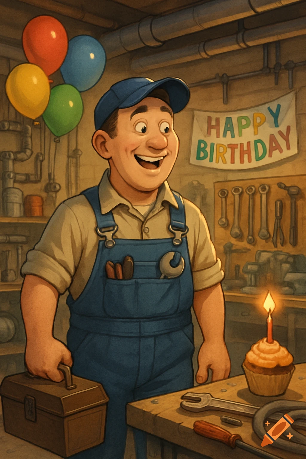 A cheerful cartoon maintenance worker in blue overalls smiles in a workshop with balloons and a 'Happy Birthday' banner, next to a lit cupcake.