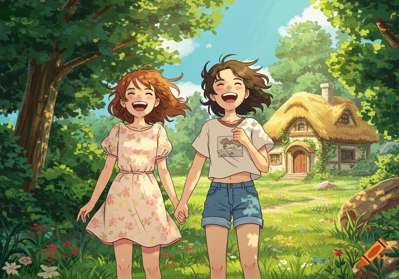 Two cheerful young girls hold hands, walking through a vibrant green forest path towards a charming thatched-roof cottage in a Ghibli anime style.