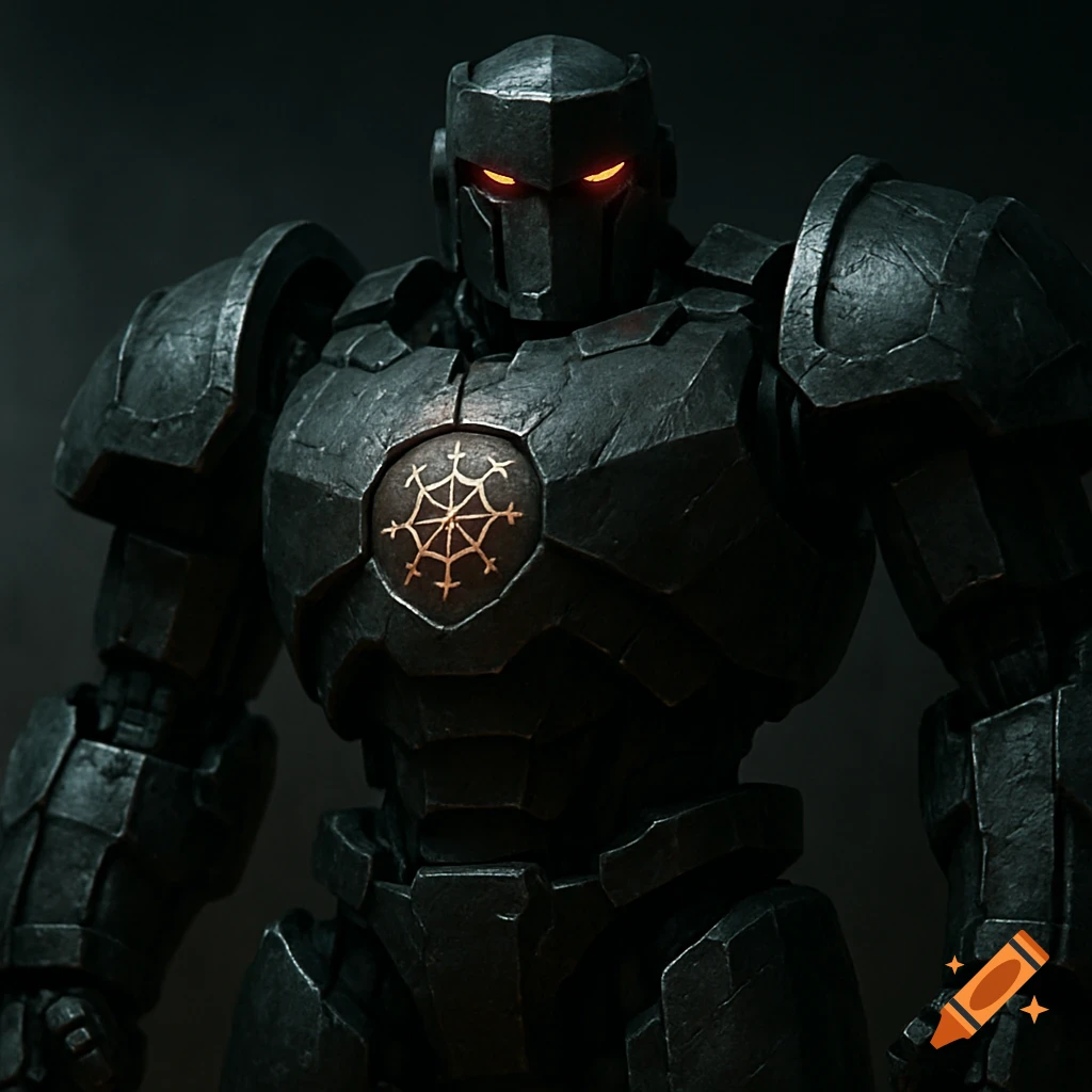 A dark, powerful robot with glowing red eyes and a gold sigil on its chest, dramatically lit.