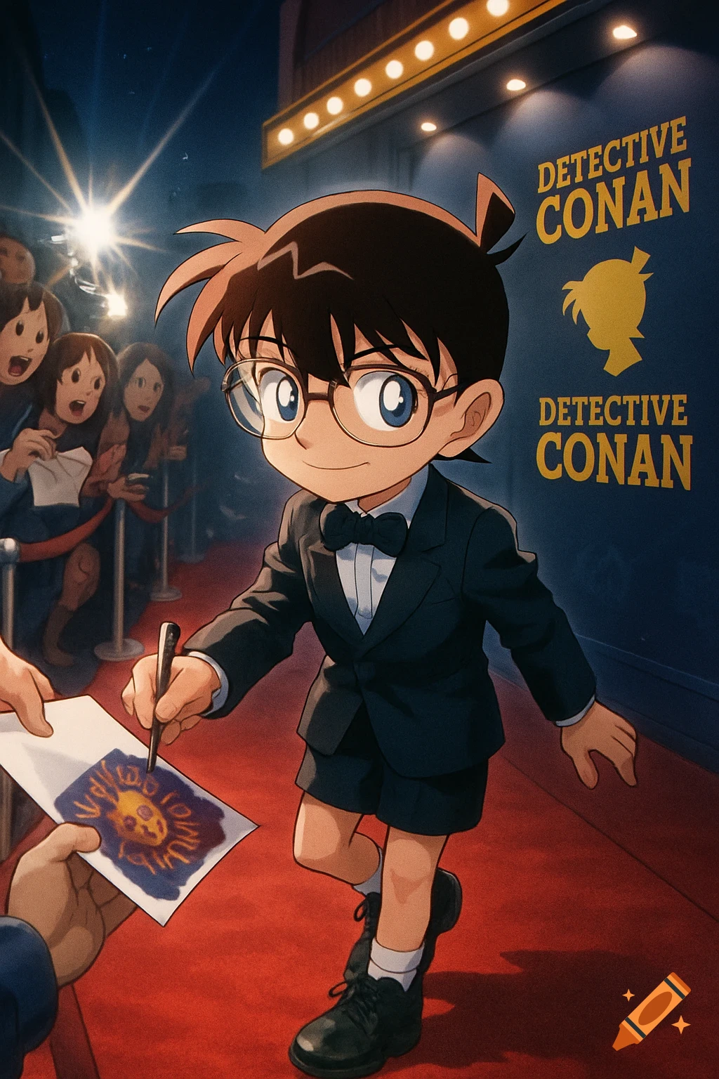 Anime style illustration of Conan Edogawa in a tuxedo and shorts, signing an autograph on a red carpet. Fans are behind velvet ropes.