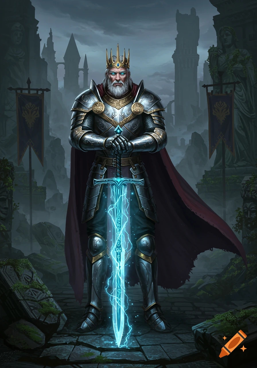 Fantasy art of an ancient king in silver armor and crown, wielding a glowing blue magical sword amidst dark ruins.