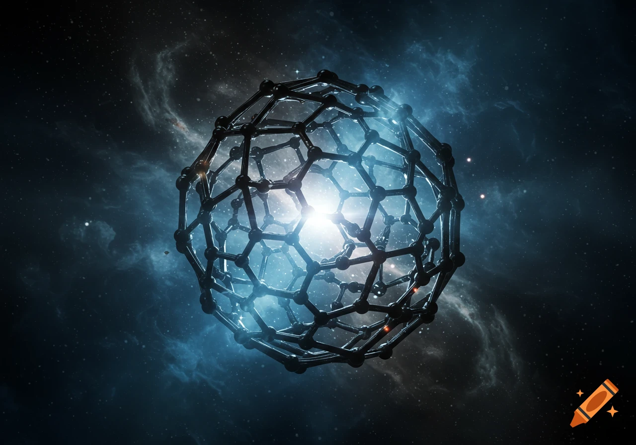 A glowing, intricate black geometric carbon-like sphere floats in dark outer space with blue nebulae and stars.