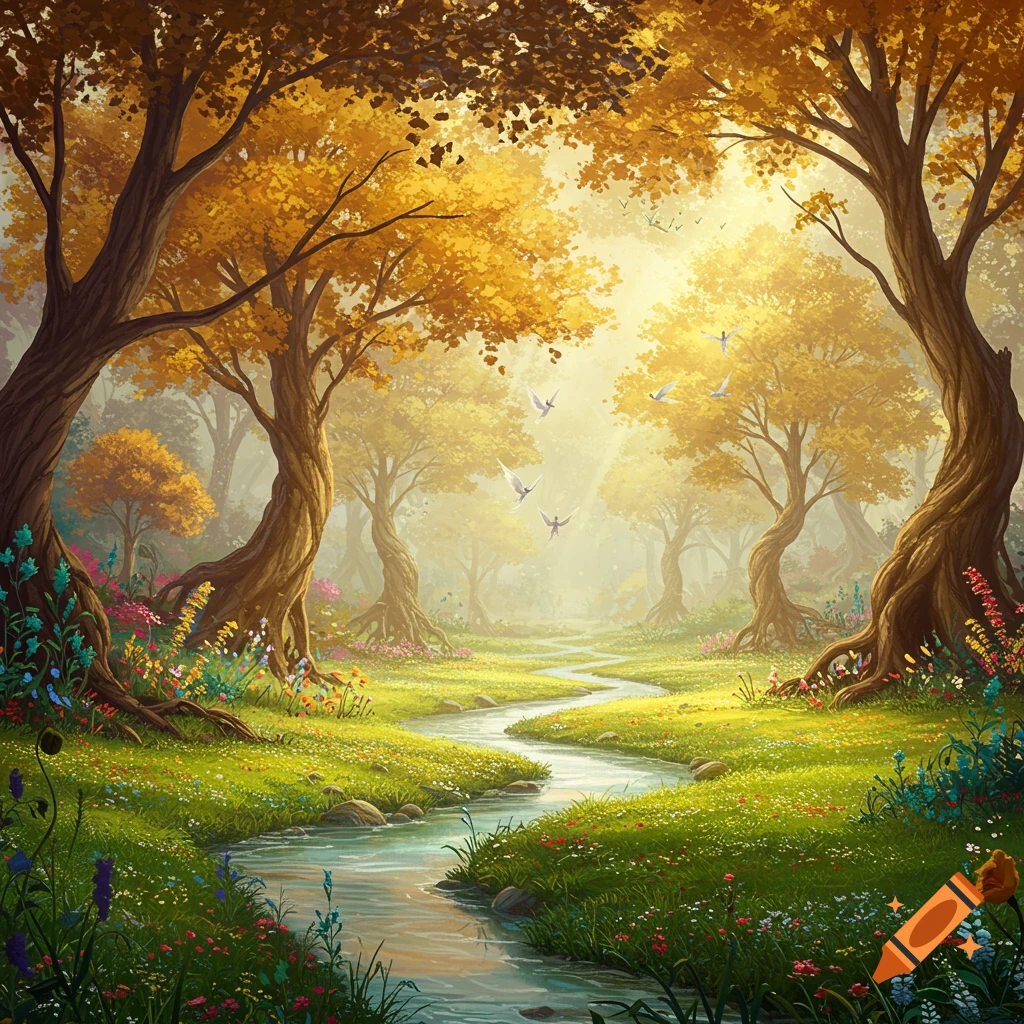 A vibrant, idyllic fantasy forest scene with a winding stream, golden-leaved trees, colorful flowers, and birds flying in sunlit mist.