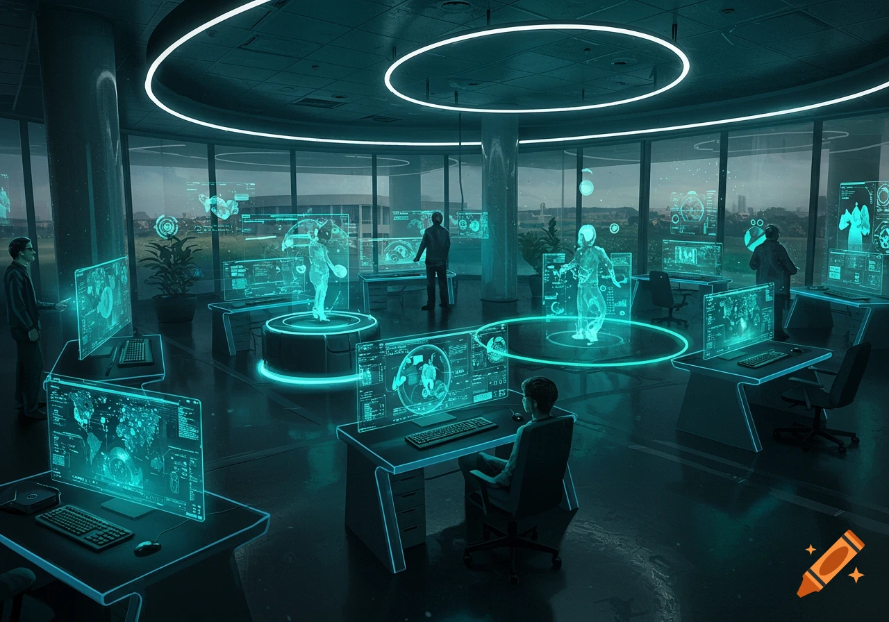A futuristic university media lab with multiple people interacting with glowing holographic screens and displays, set in a room with large windows.