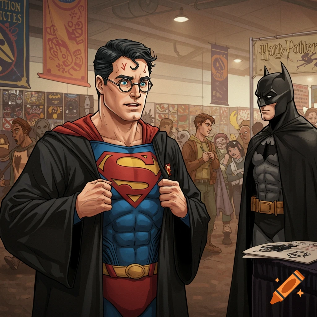 Superman, dressed as Harry Potter, reveals his Superman suit to Batman at a busy comic convention booth in comic art style.