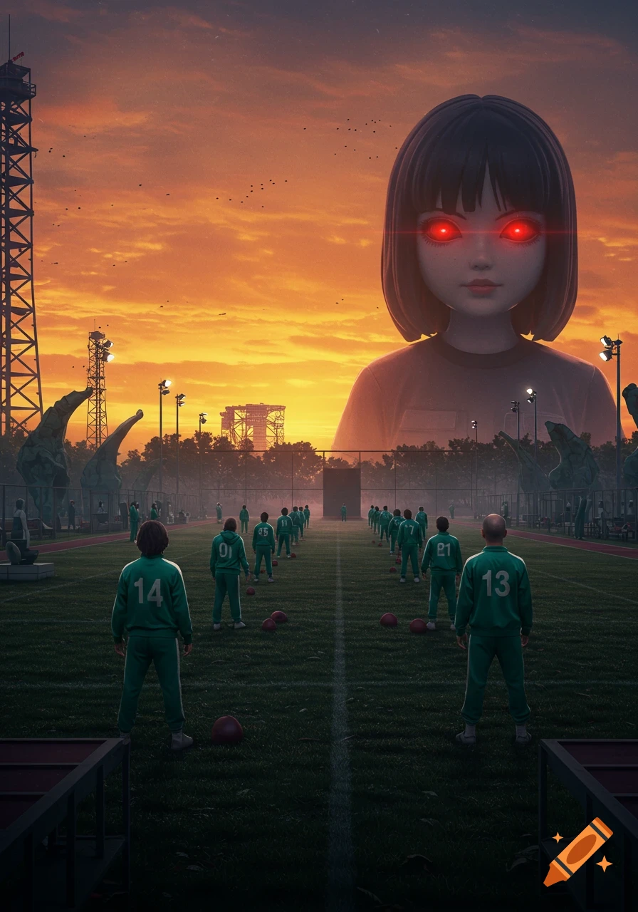 A giant doll with glowing red eyes overlooks a group of players in green tracksuits on a dark sports field at sunset, reminiscent of Squid Game.