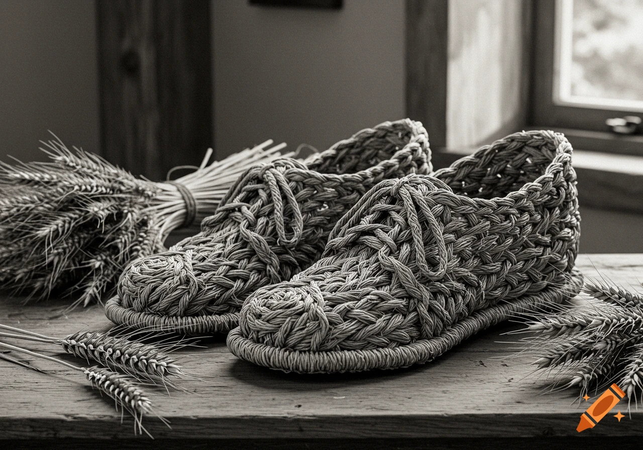 Black and white photo of two shoes intricately woven from wheat stalks, displayed on a wooden table with loose wheat beside them, a window blurred in the background.