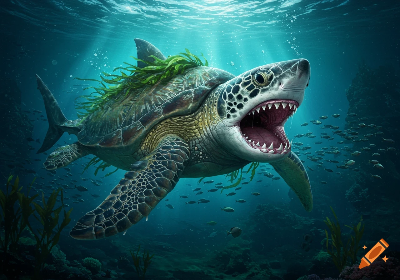 A monstrous, detailed turtle-shark hybrid with an open, toothy mouth swims underwater among schools of fish and coral.