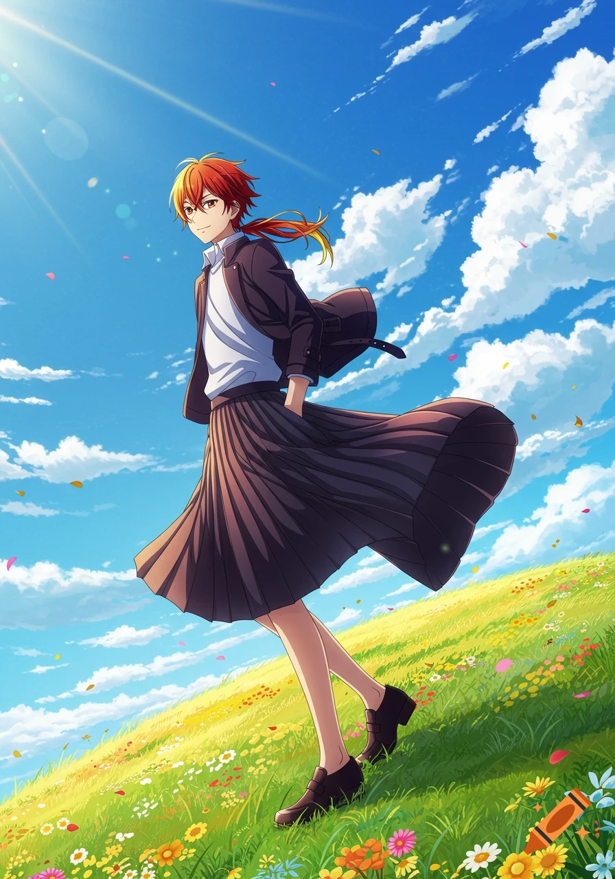 Anime guy with orange hair and a pleated skirt walks on a sunny, flower-filled grassy hill under a blue sky.