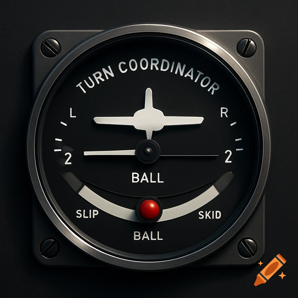 A close-up, photorealistic view of an aircraft turn coordinator instrument with labels "TURN COORDINATOR", "BALL", "SLIP", "SKID".