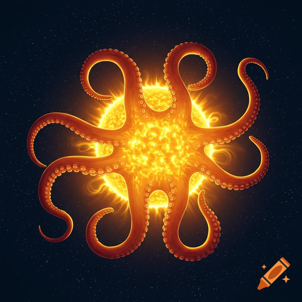 A glowing yellow sun with eight orange-red octopus tentacles extending symmetrically into a dark, star-filled space.