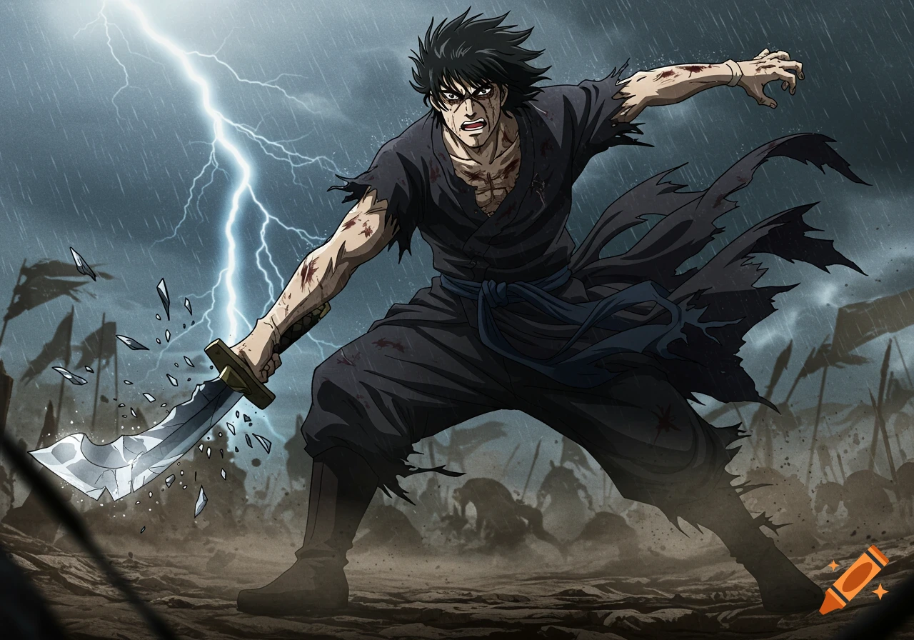 Dark anime warrior with a broken sword, bloodied, on a stormy battlefield with lightning.