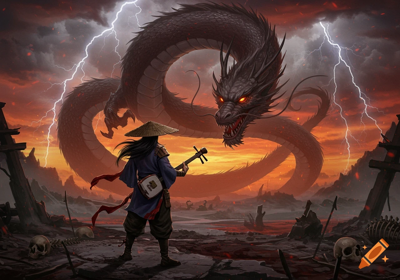A bard in a straw hat plays an instrument for a fierce dragon under a stormy sky in a ruined landscape with bones.