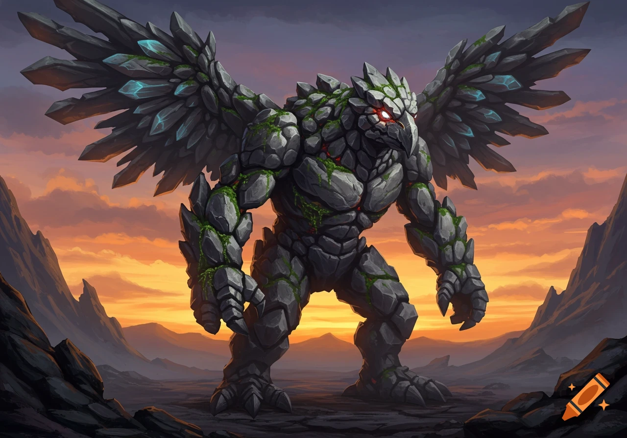 A large, muscular rock creature with moss and glowing red eyes, winged with crystals, stands in a sunset mountain landscape.