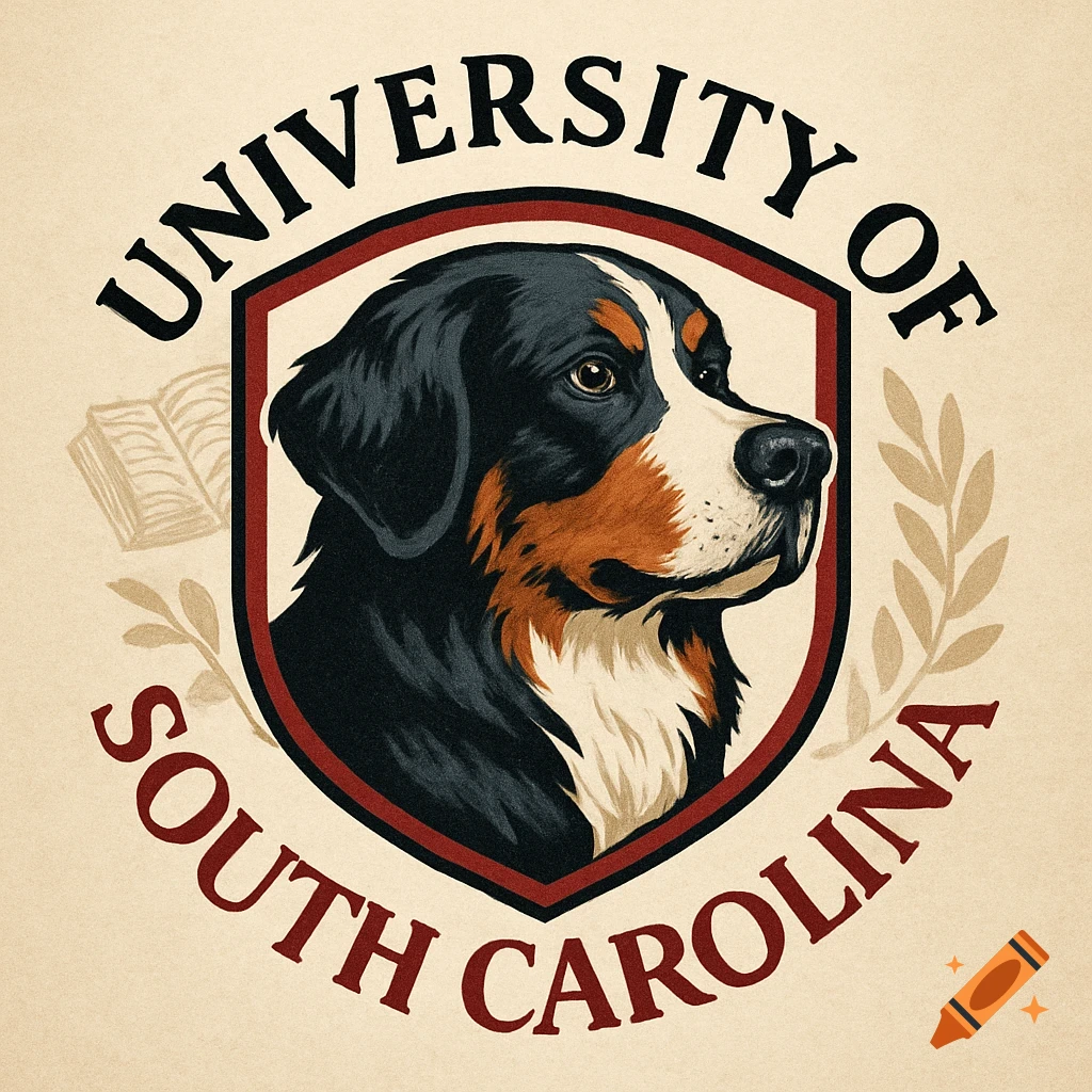 Vintage-style University of South Carolina logo with a Bernese Mountain Dog in a shield, framed by text and academic elements.