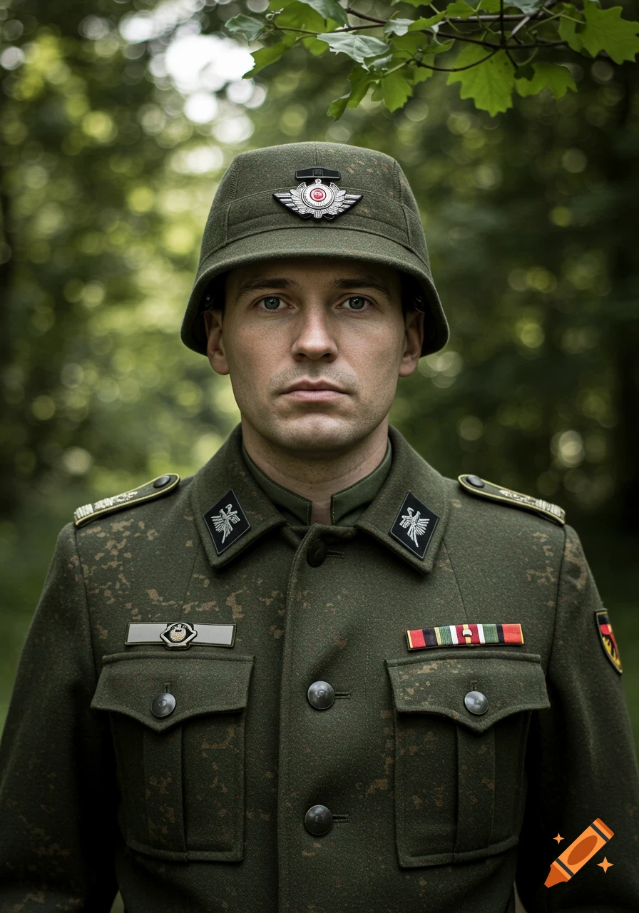 Photorealistic portrait of a male soldier in a green military uniform and helmet, standing outdoors with a blurred forest background.