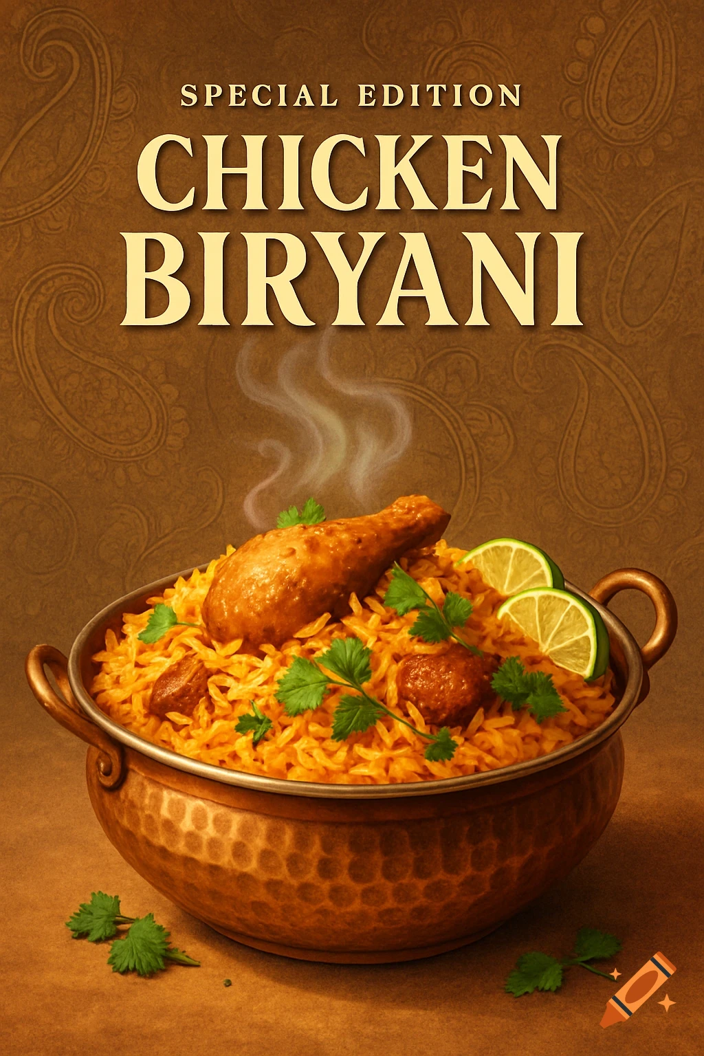 A photorealistic image of a steaming copper pot of chicken biryani with a drumstick, cilantro, and lime, under the text 'SPECIAL EDITION CHICKEN BIRYANI'.