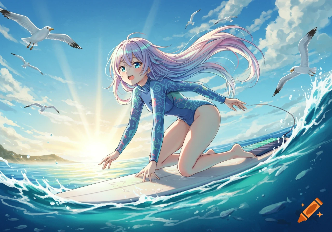 Anime girl kneeling on a surfboard in a blue wetsuit, with long flowing hair, under a sunny sky with seagulls.