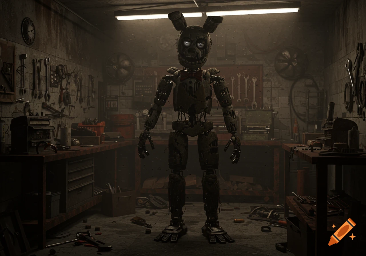 A creepy, dilapidated animatronic with glowing eyes stands in a dark, dusty, tool-filled workshop.