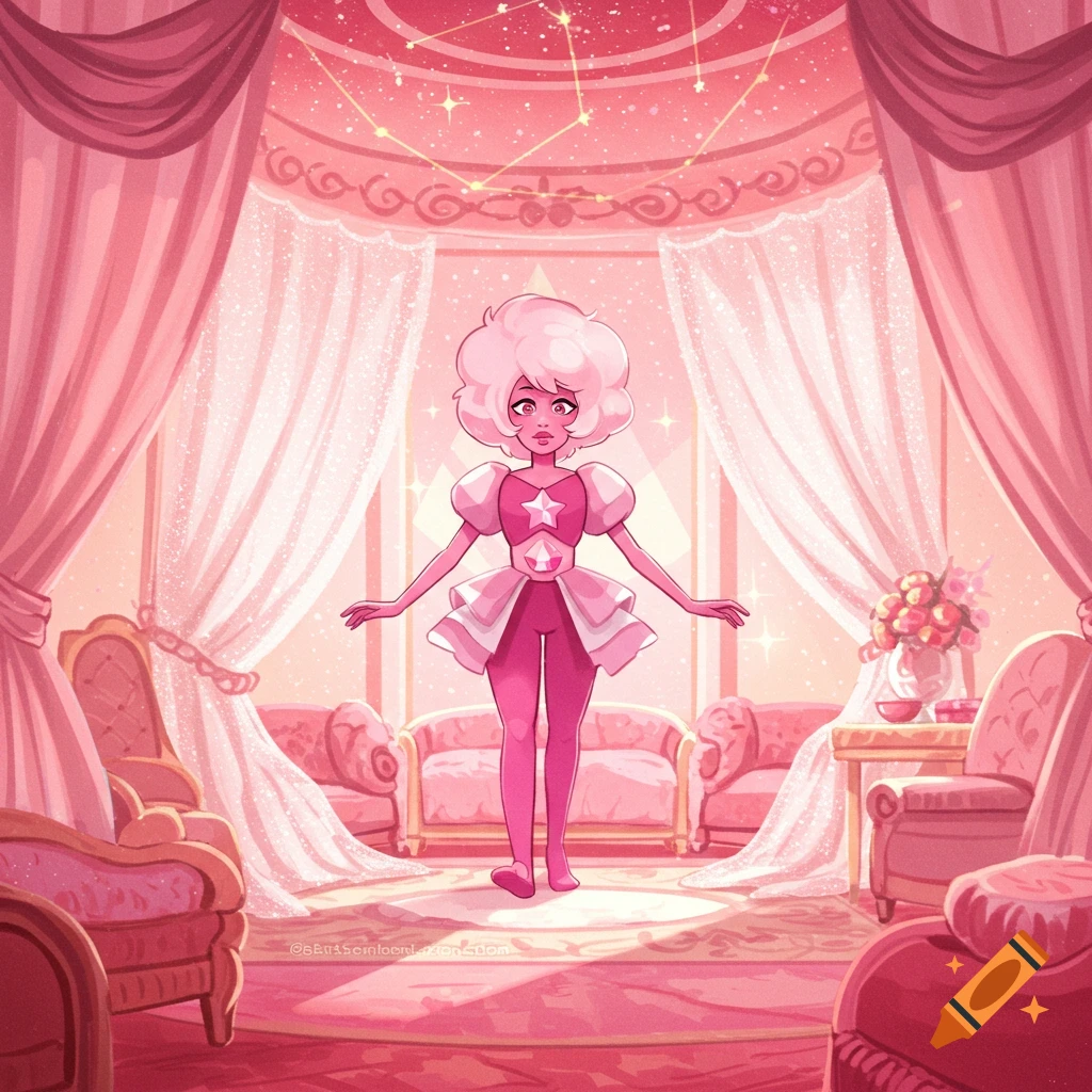 Pink Diamond from Steven Universe stands in a lavish, sparkling pink room with curtains, sofas, and celestial decorations.