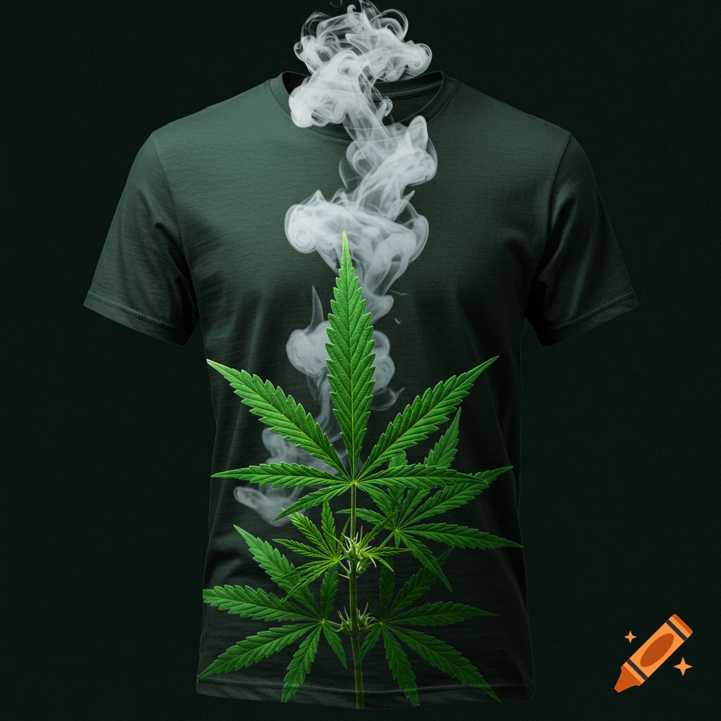 A dark green t-shirt featuring a large cannabis plant design on the front, with white smoke rising from the collar.