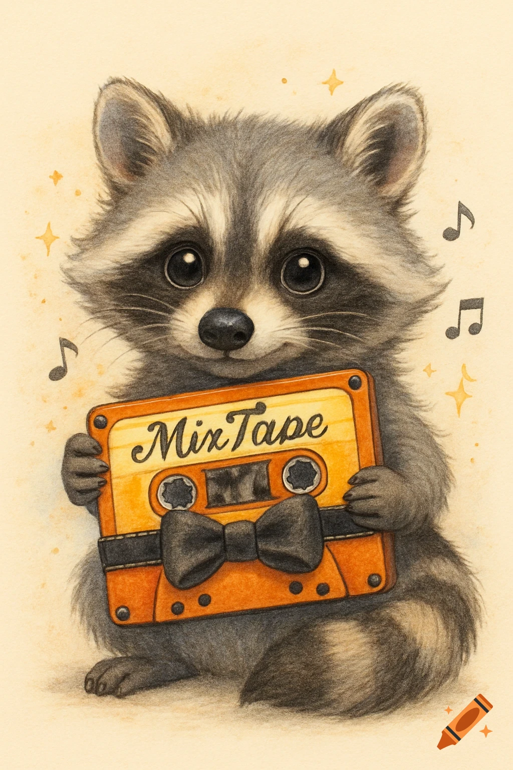 Cute fluffy raccoon illustration holding an orange 'MixTape' cassette tape with a black bow tie, surrounded by music notes.