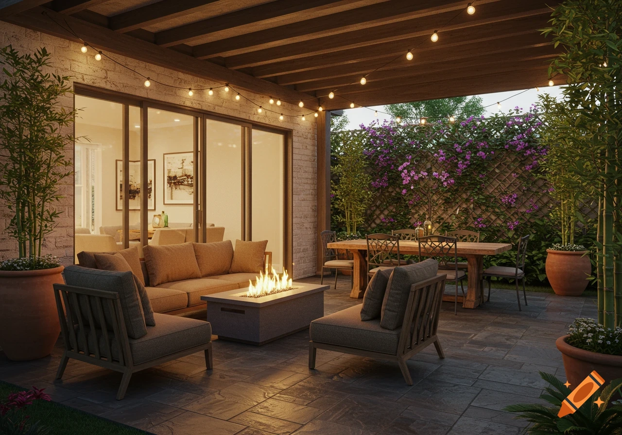 A stylish outdoor patio featuring a cozy conversation area with a fire pit and a separate dining area, all under a covered roof with string lights.