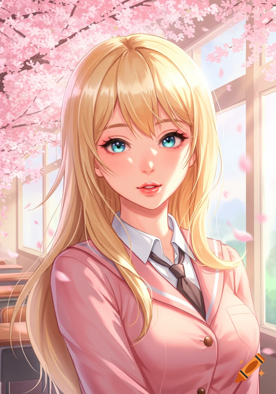 Blonde anime girl with blue eyes in a pink school uniform, with cherry blossoms blooming outside a classroom window.
