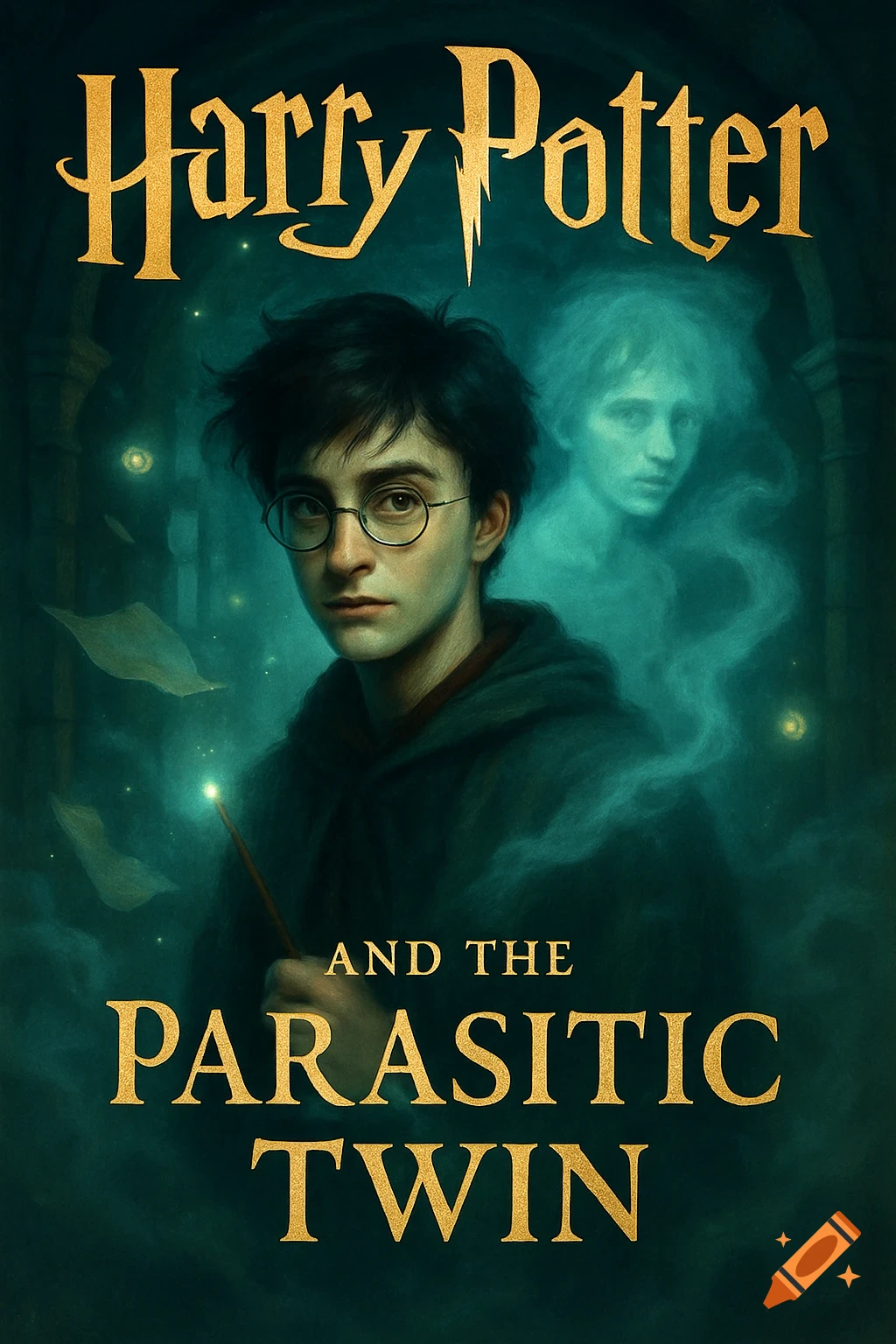 Book cover illustration of Harry Potter with a glowing wand and a ghostly figure, titled 'Harry Potter and the Parasitic Twin'.