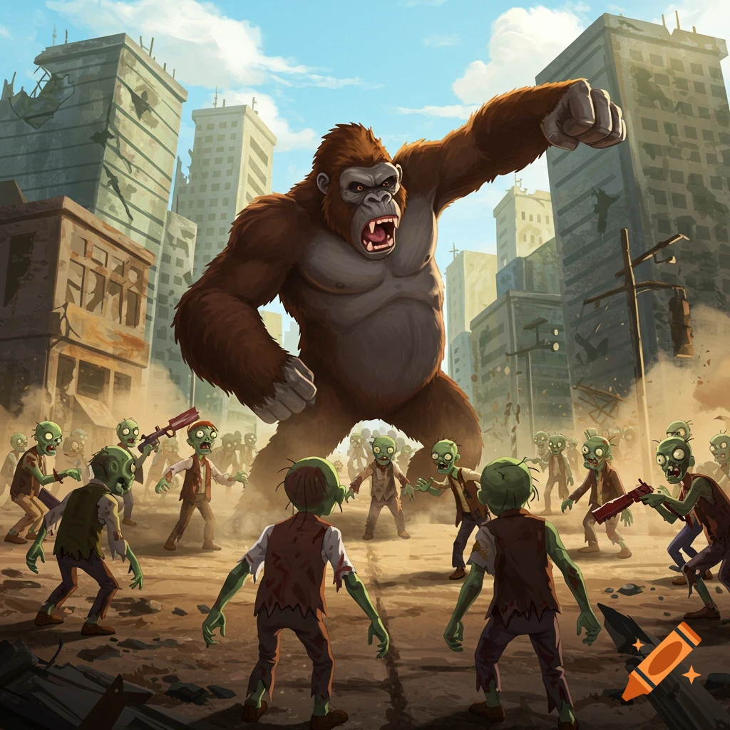 A giant ape confronts a horde of green zombies in a ruined city under a blue sky, in a cartoon style.