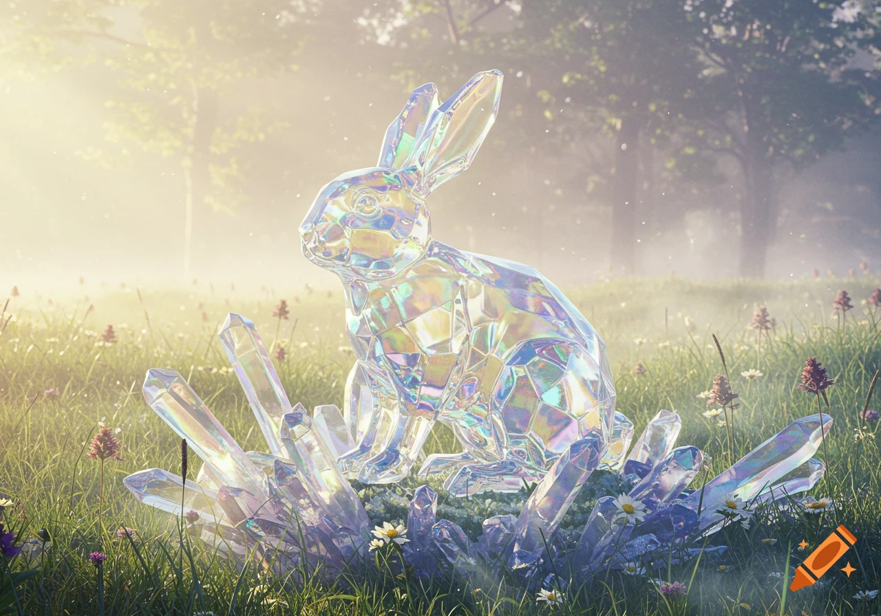A majestic, faceted crystal bunny sits amongst iridescent crystal shards in a sun-drenched, misty meadow with wildflowers.