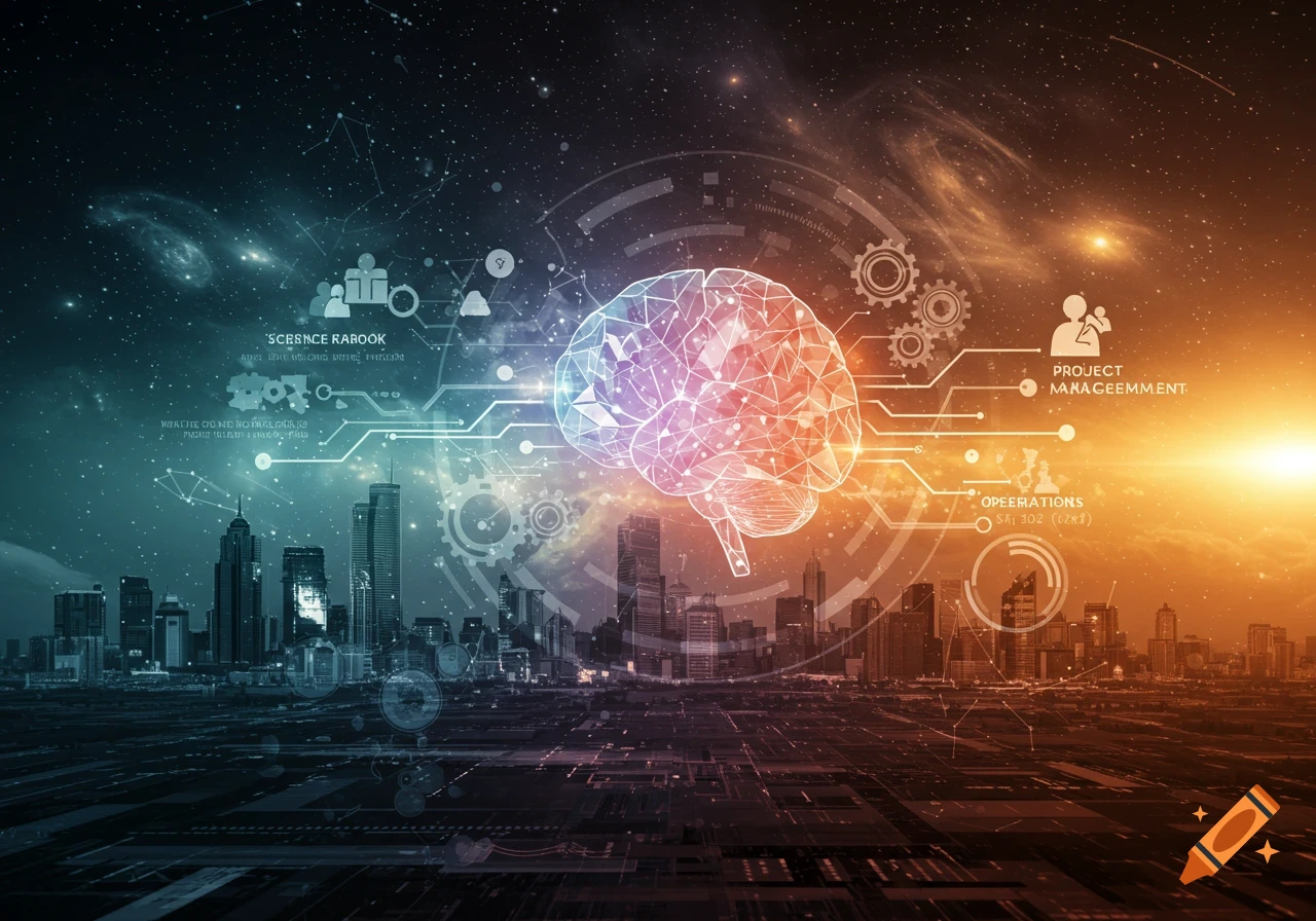 Futuristic cityscape at night with a glowing polygonal brain at the center, surrounded by digital interface elements and a starry sky.