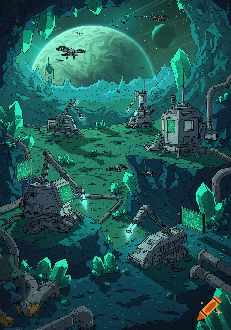 Flat design illustration of an alien planet mining operation with futuristic machines, drones, and large glowing green crystals under a vast alien sky.