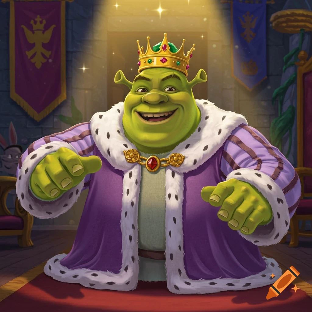 Shrek, dressed as a king in a purple and white fur-lined robe and gold crown, smiles broadly in a regal chamber.