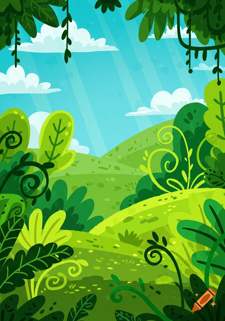 Vibrant cartoon landscape with green rolling hills, lush foliage, blue sky, and white clouds.