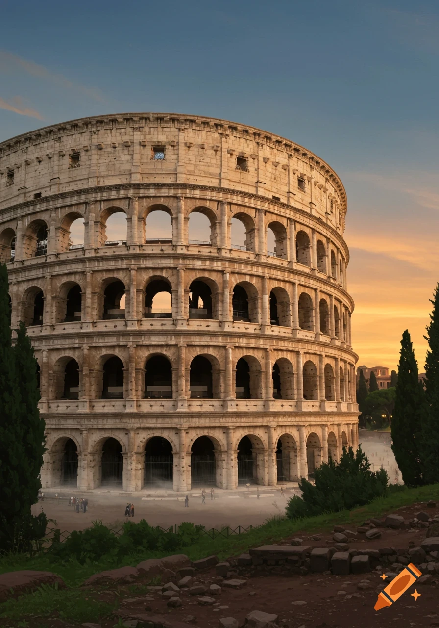Photorealistic image of the ancient Roman Colosseum at sunset, with a warm, golden sky.
