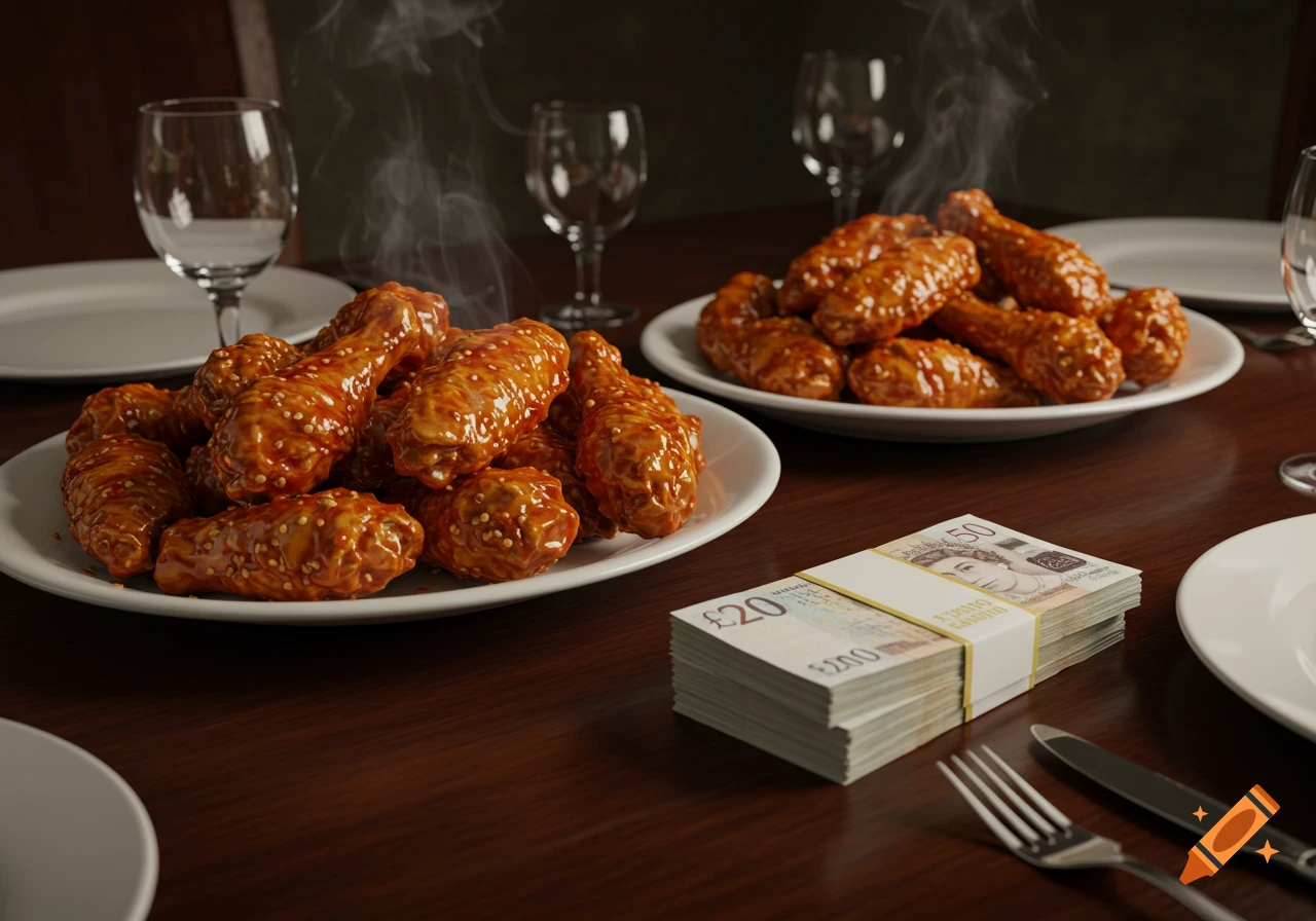 Two plates of steaming, saucy chicken wings and a stack of British banknotes on a dark dining table with wine glasses and cutlery.